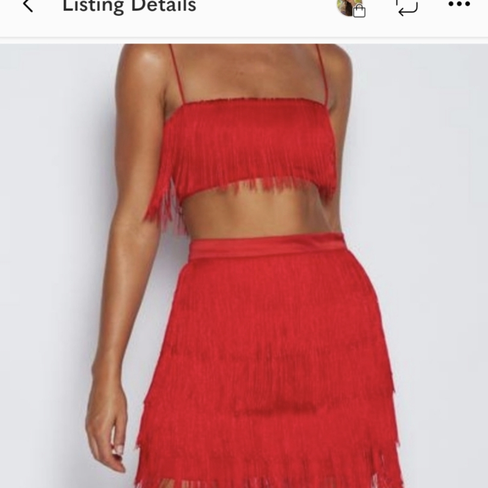 Meshki sexy Fringe 2 piece skirt and top set red xs small